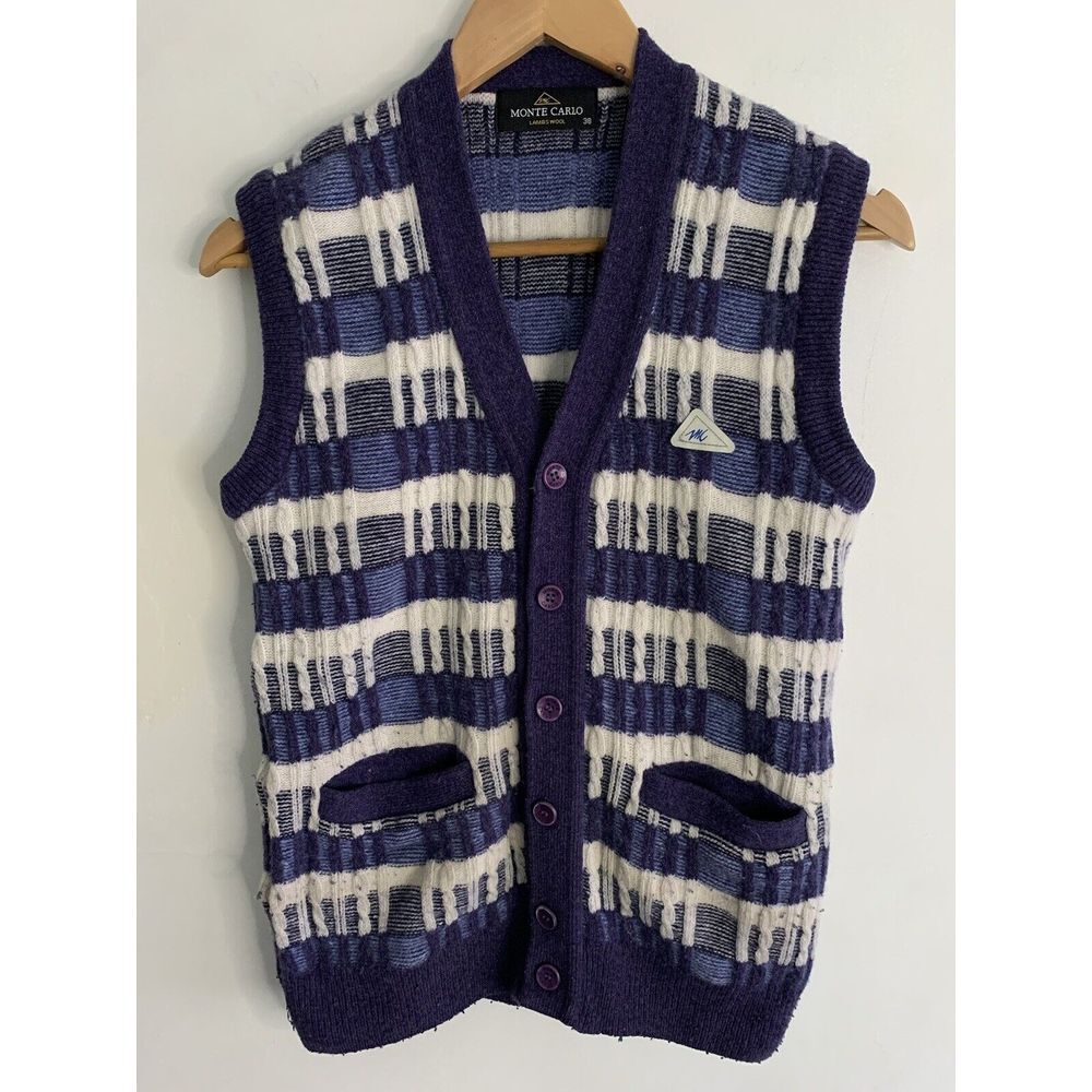 Women's Vintage Cardigan Vest Size S Blue Lambswool 3D Cable Knit Monte Carlo